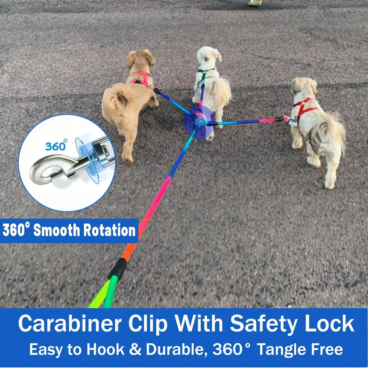Heavy Duty 3 Dog Leash No Tangle Detachable 360° Swivel Device Multiple Dog Leash with Padded Handle for Two/Three Pets