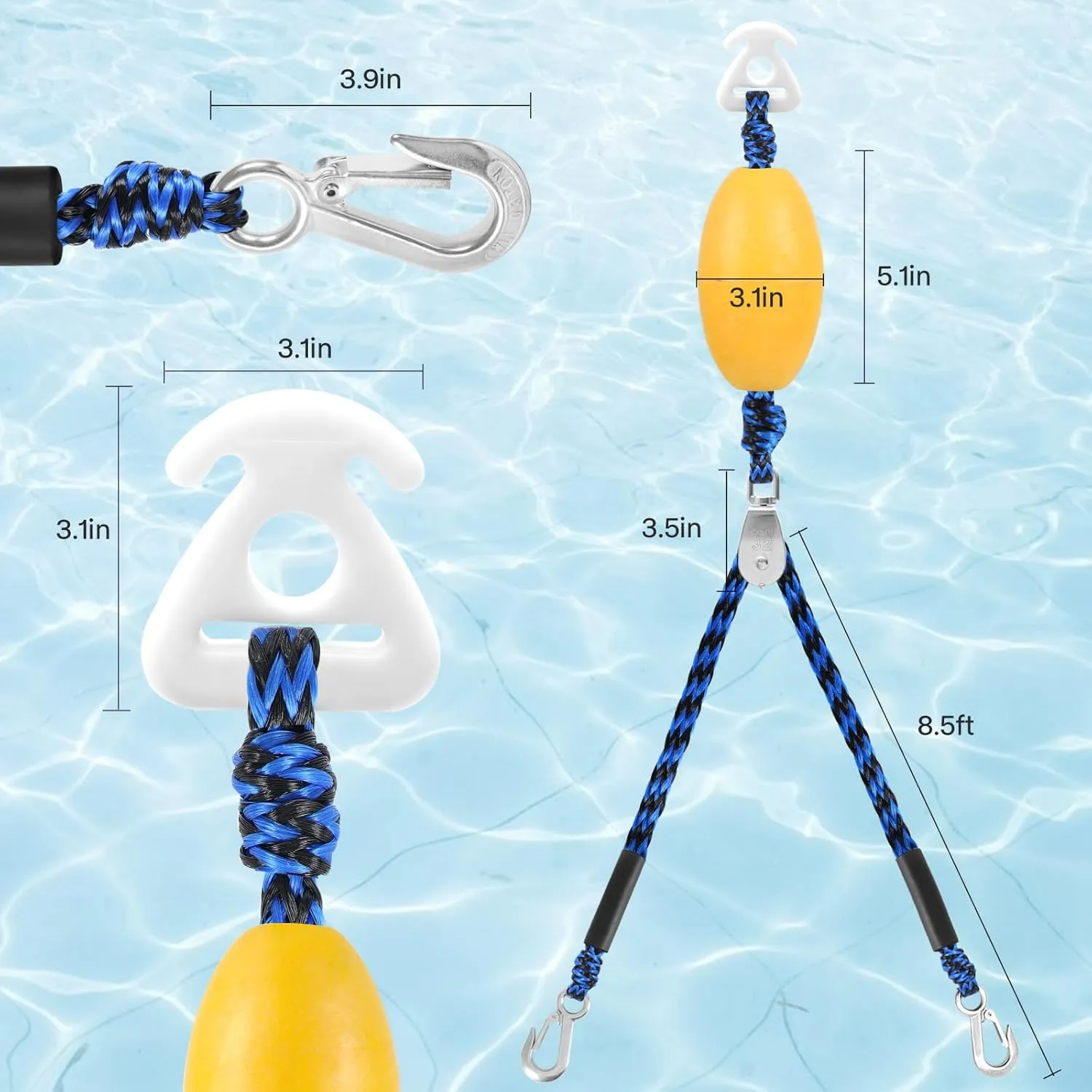 Heavy Duty Boat Tow Harness for Tubing, Water Sports Tow Rope for Boat Towables & Tubes, Self Centering Tow Harness Line with Clip Quick Connector & Stainless Steel Hooks