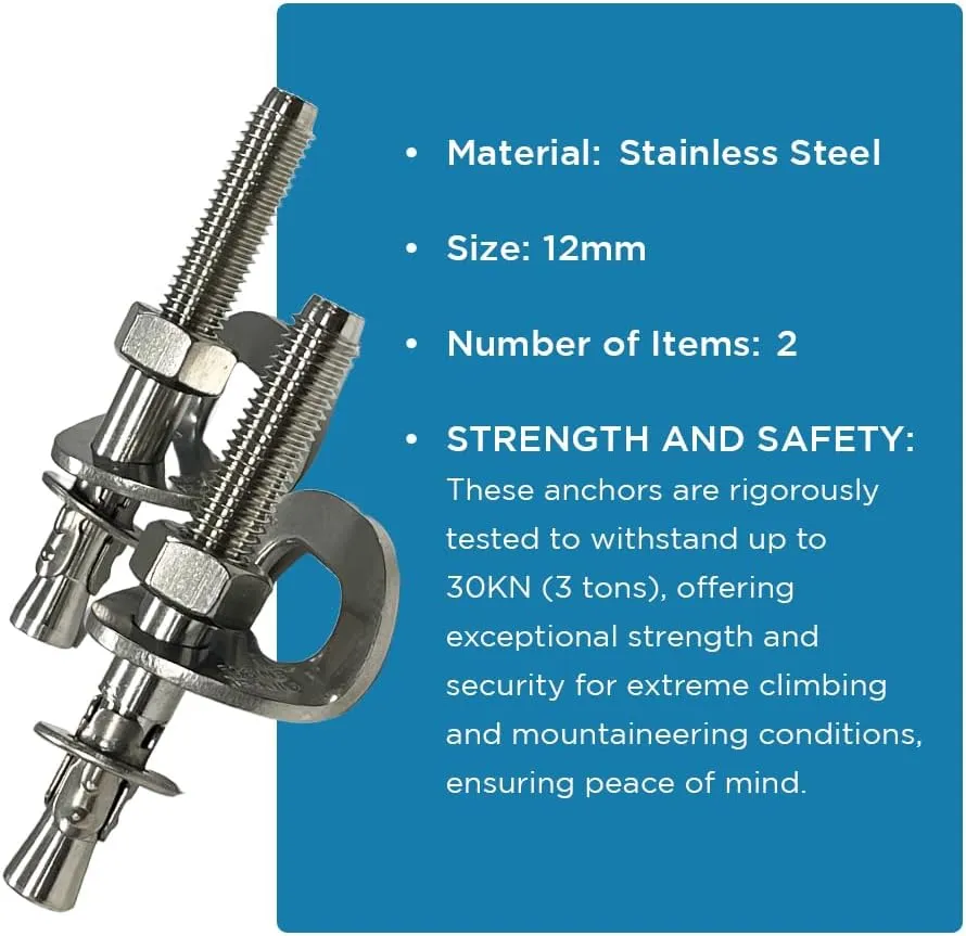 Heavy-Duty Climbing Holds Anchor Set - 2PCS, 12MM Bolt/30KN Stainless Steel, Anti-Flip Design for Secure Climbing, Indoor & Outdoor Use, 3000KG Capacity, Versatile for Training & Mountaineering