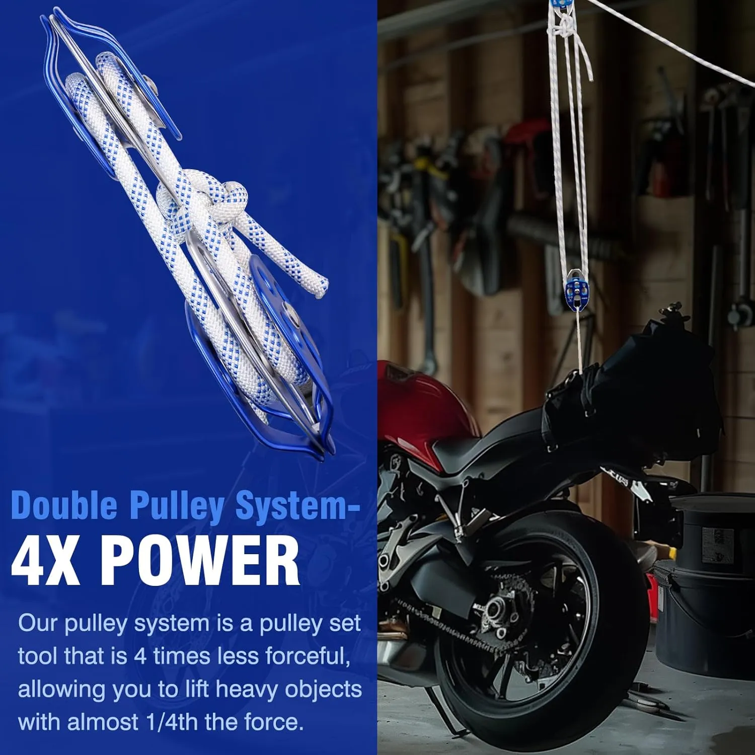 Heavy-Duty Double Block and Tackle Pulley System – 100Ft x 1/2'' Rope, 7700 LB(35KN) Breaking Strength, 4:1 Lifting Ratio – Ideal for Garage, Attic, and Heavy Lifting Applications