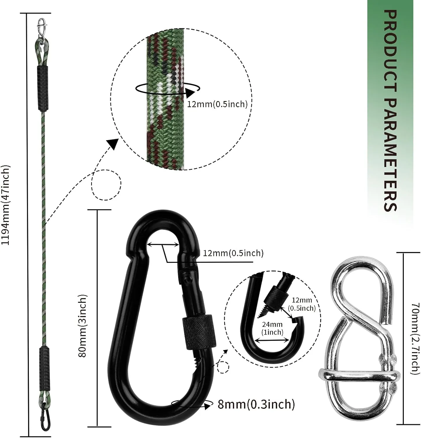 Heavy Duty Tree Swing Ropes Hammock, Adjustable Extendable Hanging Straps, Carabiners for All Swings Hammock Playground Set Accessories 3.91ft(47") of 2, Green