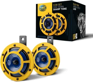 HELLA 922000731 Sharptone 12V High Tone/Low Tone Twin Horn Kit with Yellow Protective Grill, 2 Horns
