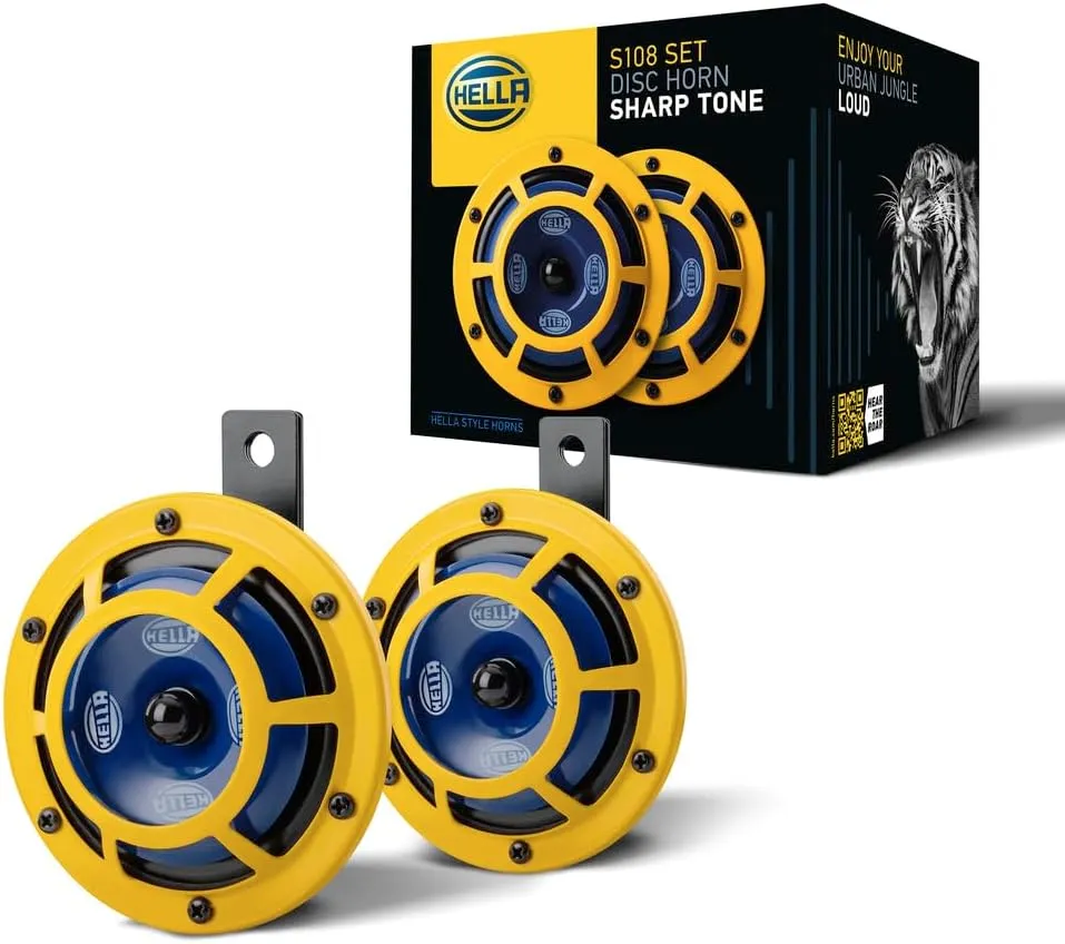 HELLA 922000731 Sharptone 12V High Tone/Low Tone Twin Horn Kit with Yellow Protective Grill, 2 Horns