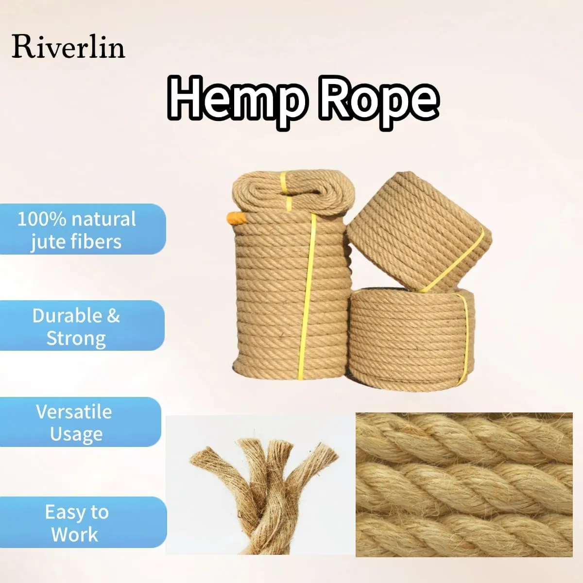 Hemp Rope （1 Inch x 50 ft）， Natural Twisted Heavy Duty Jute Rope for Tug of War, Crafts, Landscaping, Home Décor, Swing & Gardening ，Strong & Durable