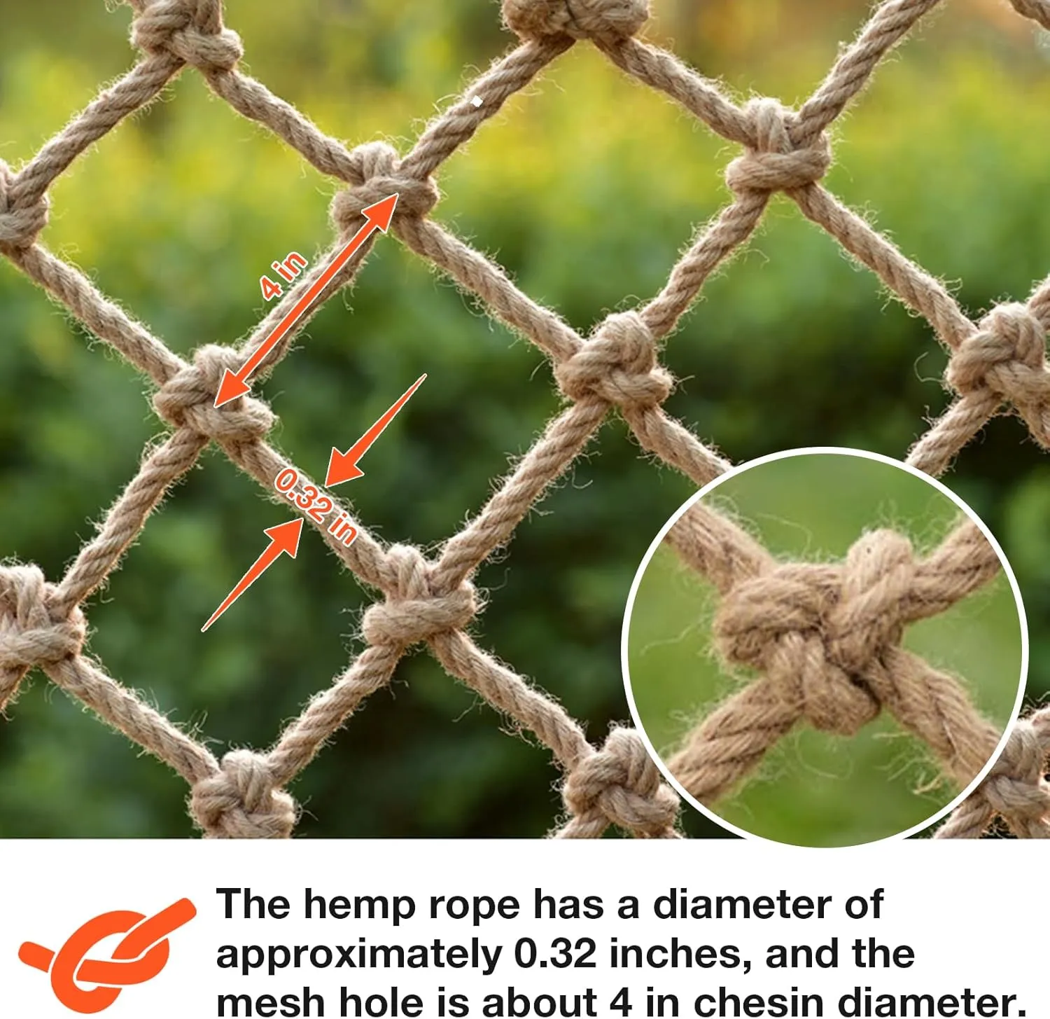 Hemp Rope Net Heavy Duty Natural Jute Rope Net Climbing Safety Rope Netting Balcony Stairs Fence Garden Playground Protection Net Indoor & Outdoor Decor Rope Net (4ftx16ft)