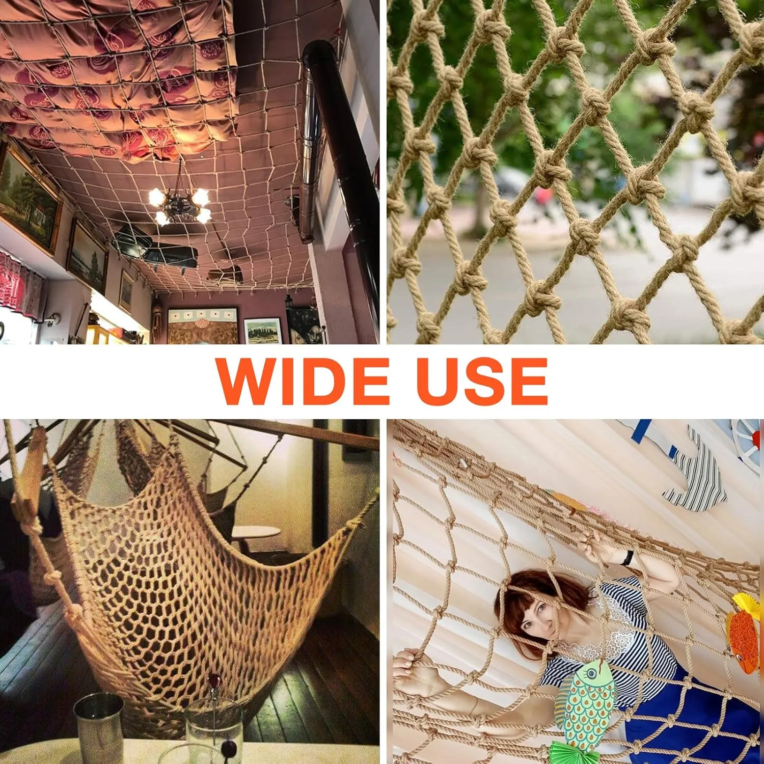 Hemp Rope Net Heavy Duty Natural Jute Rope Net Climbing Safety Rope Netting Balcony Stairs Fence Garden Playground Protection Net Indoor & Outdoor Decor Rope Net (4ftx16ft)