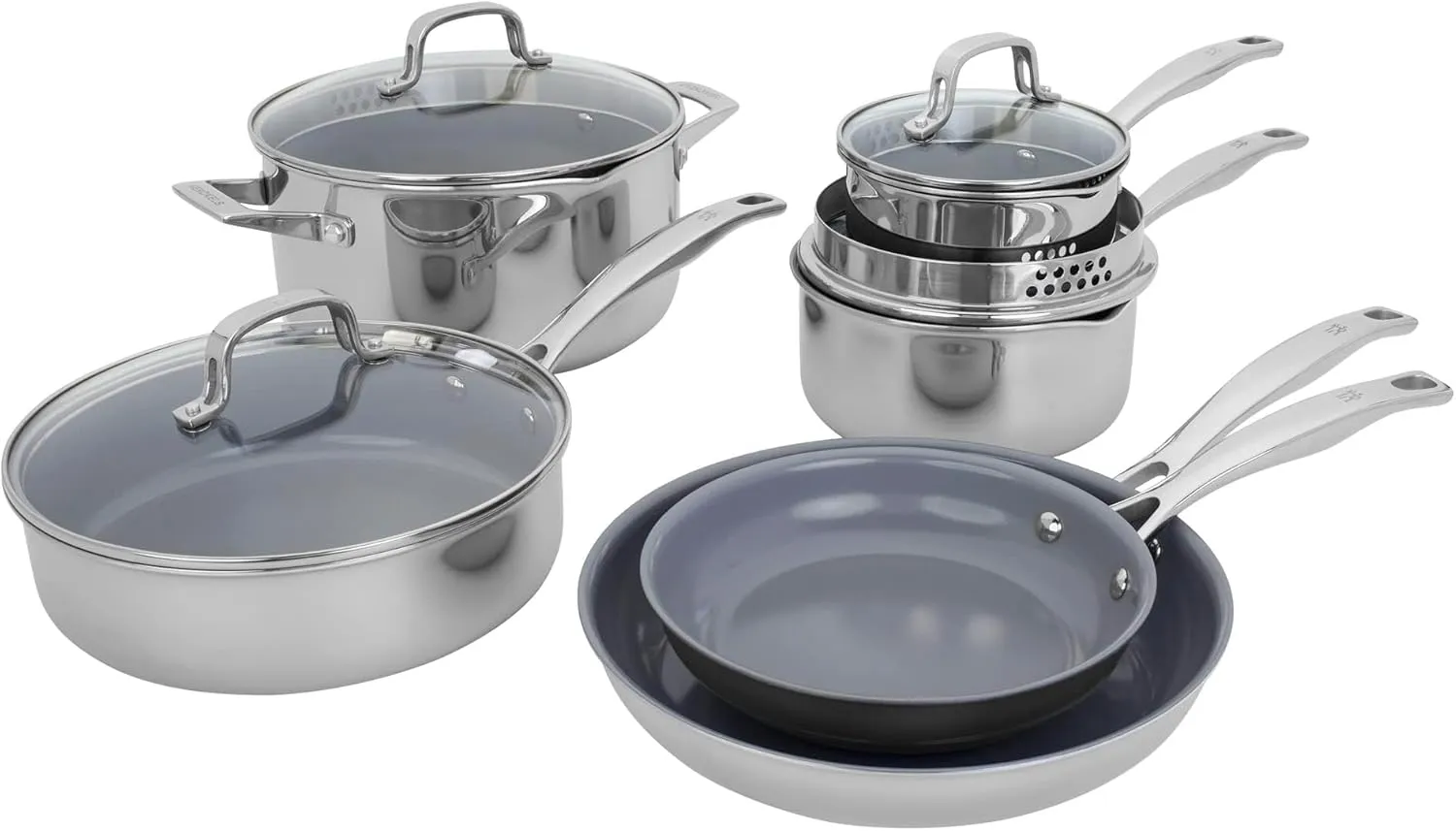 HENCKELS Clad H3 10-pc Induction Ceramic Nonstick Pot and Pan Set, Stainless Steel, Durable and Easy to clean
