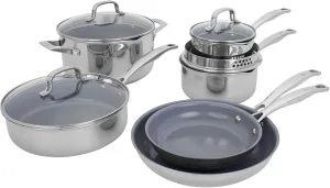 HENCKELS Clad H3 10-pc Induction Ceramic Nonstick Pot and Pan Set, Stainless Steel, Durable and Easy to clean