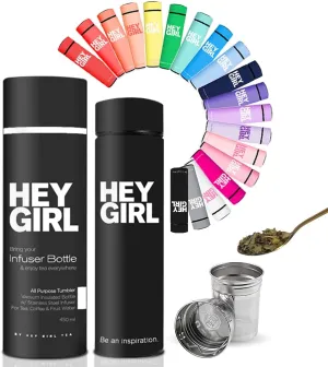 Hey Girl Tea Infuser Bottle 450ml - Insulated Stainless Steel Water Bottle - Thermos Tea Tumbler with Tea Diffuser - Portable Travel Mug for Loose Leaf Tea & Infused Water - Tea Lovers Gifts for Women