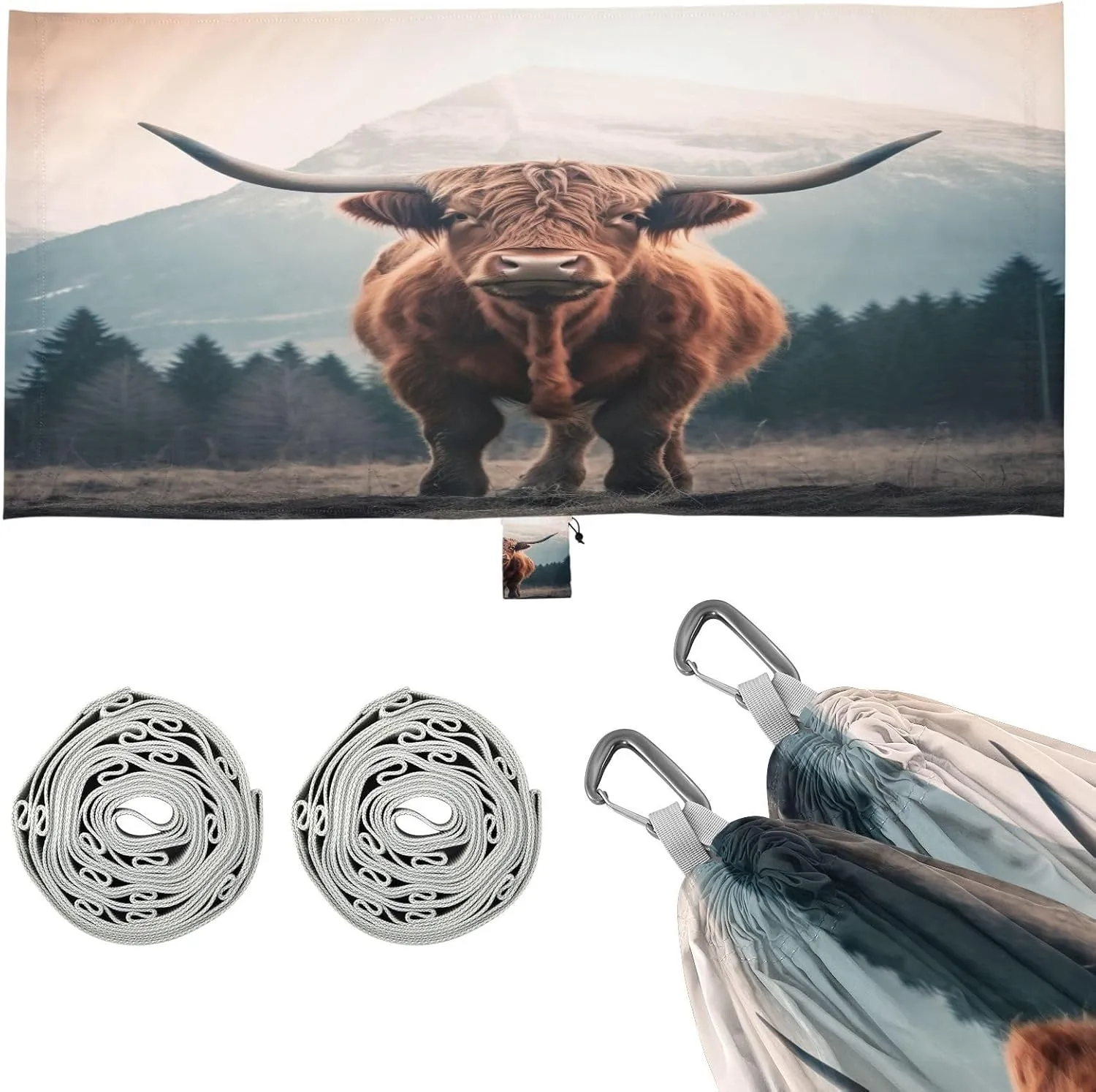 Highland Cows Camping Hammock, Single Portable Hammocks with Tree Straps & Attached Carry Bag, 330Lbs Capacity Perfect for Outside Indoor Hiking Beach Backpack Travel