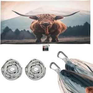 Highland Cows Camping Hammock, Single Portable Hammocks with Tree Straps & Attached Carry Bag, 330Lbs Capacity Perfect for Outside Indoor Hiking Beach Backpack Travel