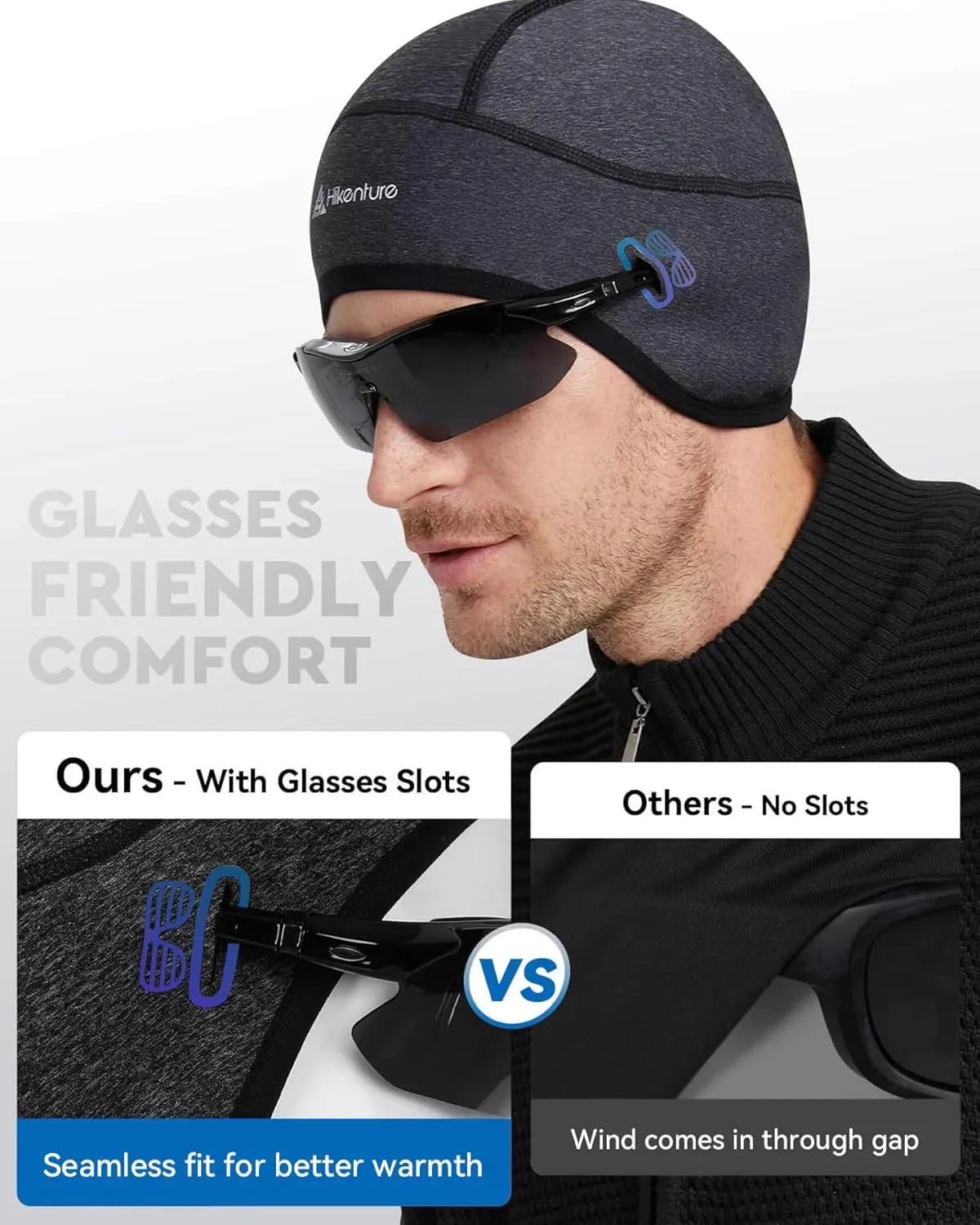Hikenture Skull Cap Helmet Liner with Glasses Holes, Winter Thermal Cycling Cap for Men & Women, Cycling Hat Beanie