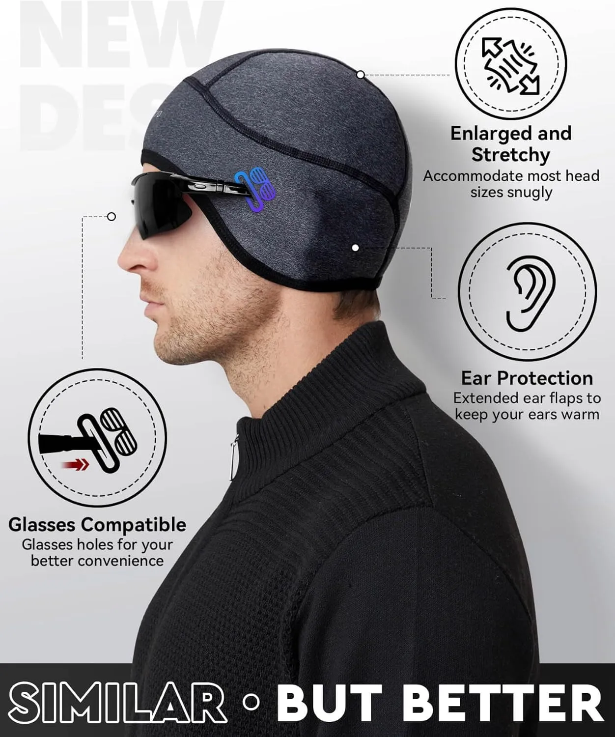 Hikenture Skull Cap Helmet Liner with Glasses Holes, Winter Thermal Cycling Cap for Men & Women, Cycling Hat Beanie
