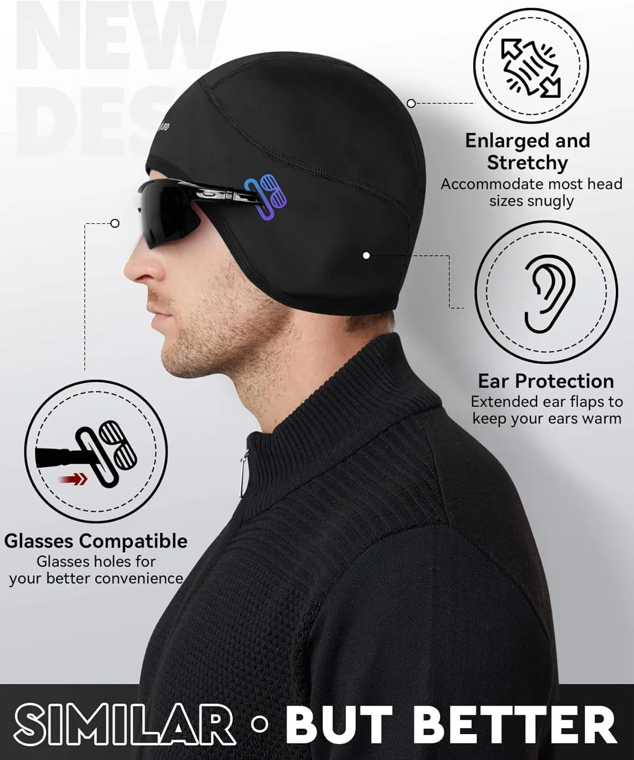 Hikenture Skull Cap Helmet Liner with Glasses Holes, Winter Thermal Cycling Cap for Men & Women, Cycling Hat Beanie
