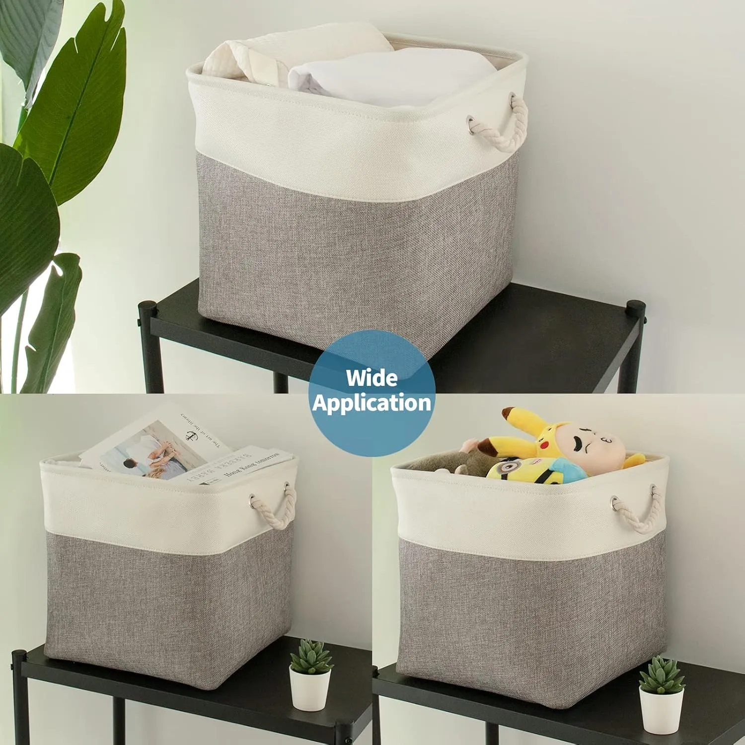 HOdo Home Fabric Storage Bin with Drawstring Closure and 2 Bold Handles, Collapsible Large Canvas Storage Baskets for Organizing Shelf Nursery Home (White&Grey, 13L×13W×13H - 3Pack)