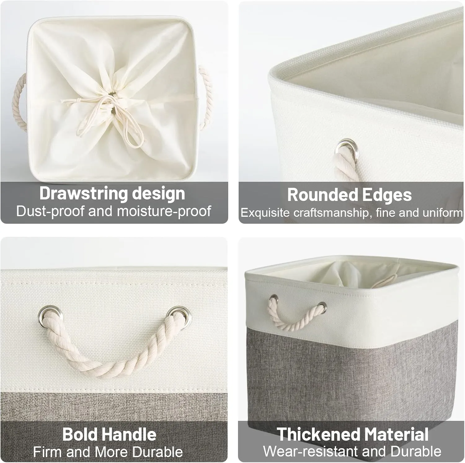 HOdo Home Fabric Storage Bin with Drawstring Closure and 2 Bold Handles, Collapsible Large Canvas Storage Baskets for Organizing Shelf Nursery Home (White&Grey, 13L×13W×13H - 3Pack)