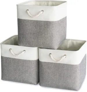 HOdo Home Fabric Storage Bin with Drawstring Closure and 2 Bold Handles, Collapsible Large Canvas Storage Baskets for Organizing Shelf Nursery Home (White&Grey, 13L×13W×13H - 3Pack)