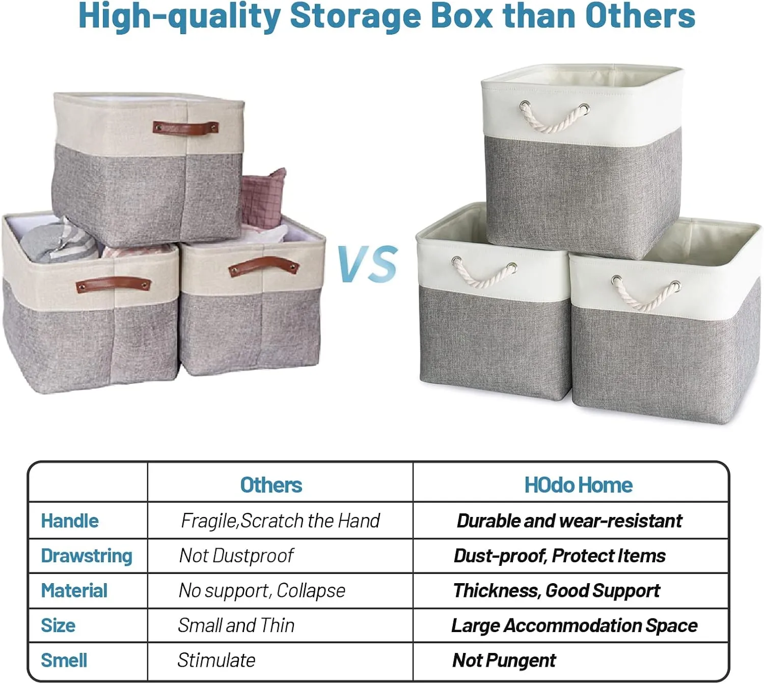 HOdo Home Fabric Storage Bin with Drawstring Closure and 2 Bold Handles, Collapsible Large Canvas Storage Baskets for Organizing Shelf Nursery Home (White&Grey, 13L×13W×13H - 3Pack)