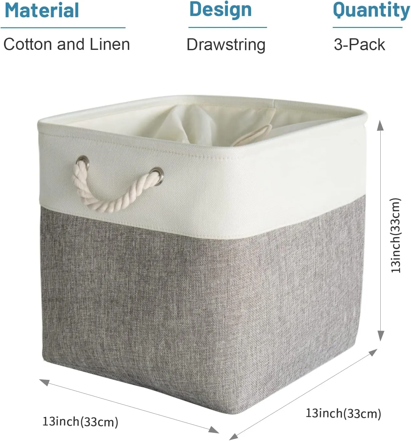 HOdo Home Fabric Storage Bin with Drawstring Closure and 2 Bold Handles, Collapsible Large Canvas Storage Baskets for Organizing Shelf Nursery Home (White&Grey, 13L×13W×13H - 3Pack)