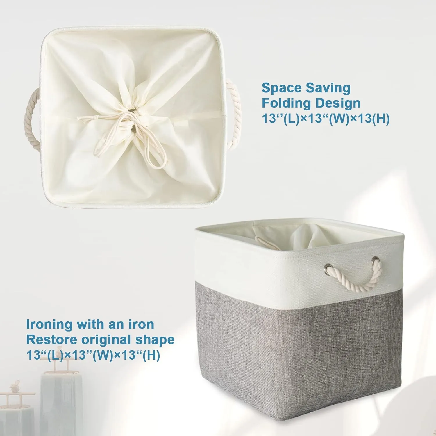 HOdo Home Fabric Storage Bin with Drawstring Closure and 2 Bold Handles, Collapsible Large Canvas Storage Baskets for Organizing Shelf Nursery Home (White&Grey, 13L×13W×13H - 3Pack)