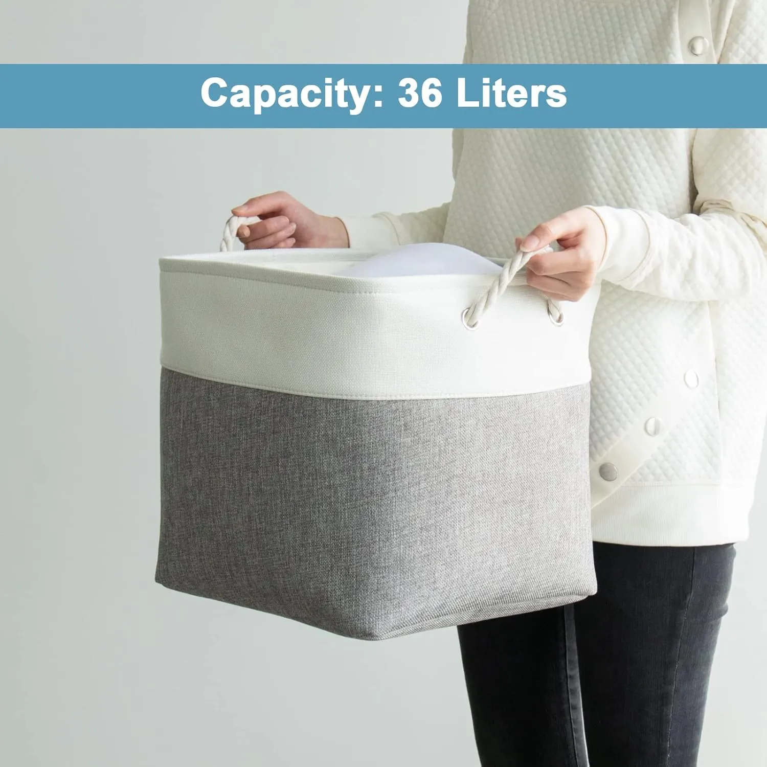 HOdo Home Fabric Storage Bin with Drawstring Closure and 2 Bold Handles, Collapsible Large Canvas Storage Baskets for Organizing Shelf Nursery Home (White&Grey, 13L×13W×13H - 3Pack)