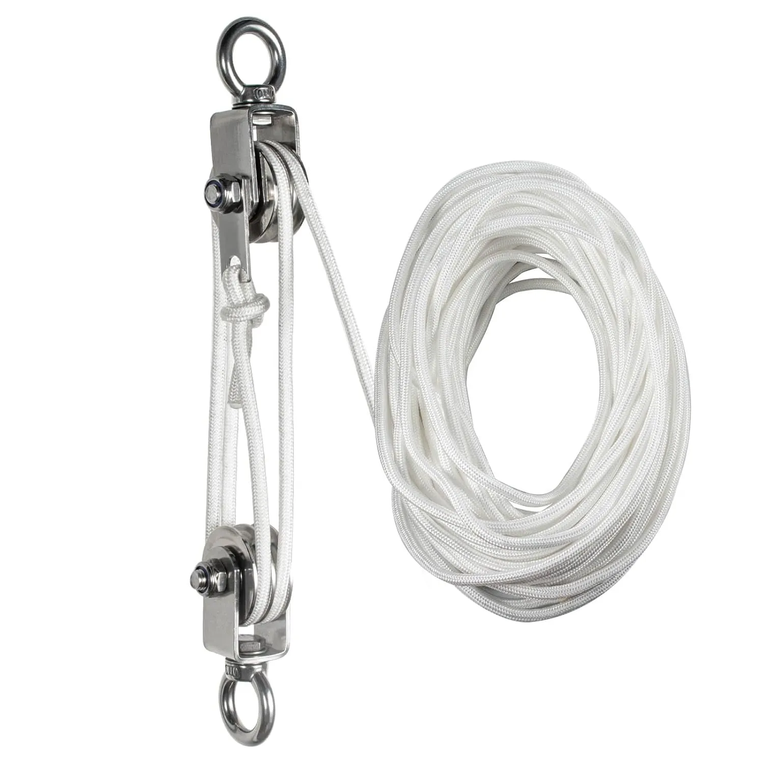 Hoist Pulley System Heavy Duty Stainless Steel, Snatch Swivel Block Double Pulley with 25m/8mm Rope, Bearing Inside, for Lifting, Kayak, Garage, Winch, Hunting, Loading 1100lb