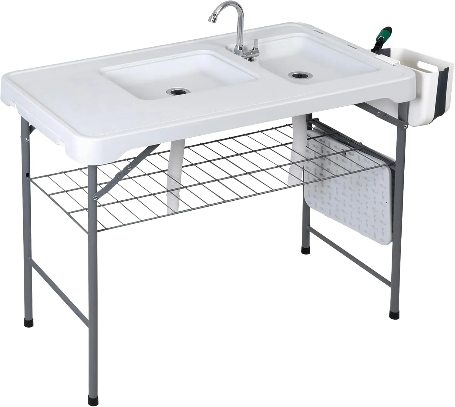 HomGarden 42.4" Folding Fish Cleaning Table with Sink Portable Camping with Grid Rack Fish Cleaning Outdoor Fish Fillet Cutting Table with Drainage Hose for Patio Backyard BBQ