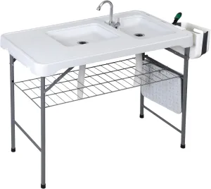 HomGarden 42.4" Folding Fish Cleaning Table with Sink Portable Camping with Grid Rack Fish Cleaning Outdoor Fish Fillet Cutting Table with Drainage Hose for Patio Backyard BBQ