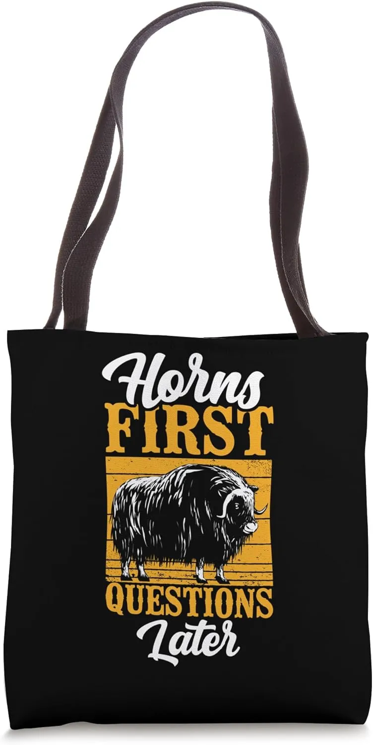 Horns First Questions Later Zoology Zoologist Ibex Ox Sheep Tote Bag