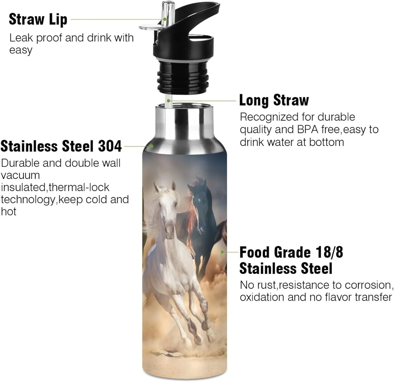 Horse Water Bottle Horses Water Bottle Stainless Steel with Straw Lid for Girls Big Horse Kids Insulated Metal Water Flask 20 oz