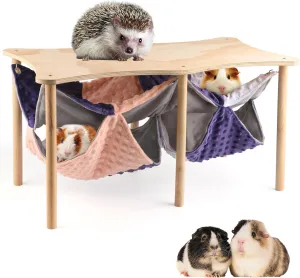 HOSUKKO Guinea Pig Hideout Double Hammock with Stand for Ferrets, 2PCS Hanging Soft Sleeping Bed with Large Durable Wooden Stand for Small Animals Hiding Sleeping Playing
