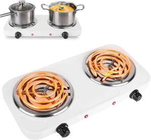Hot Plate, 2000W Portable Electric Double Coil Burner with Dual Control & 5 Level Temperature Control, Easy to Clean, Lightweight Stainless Steel Countertop Stove for Kitchen Dorm Camping,110V