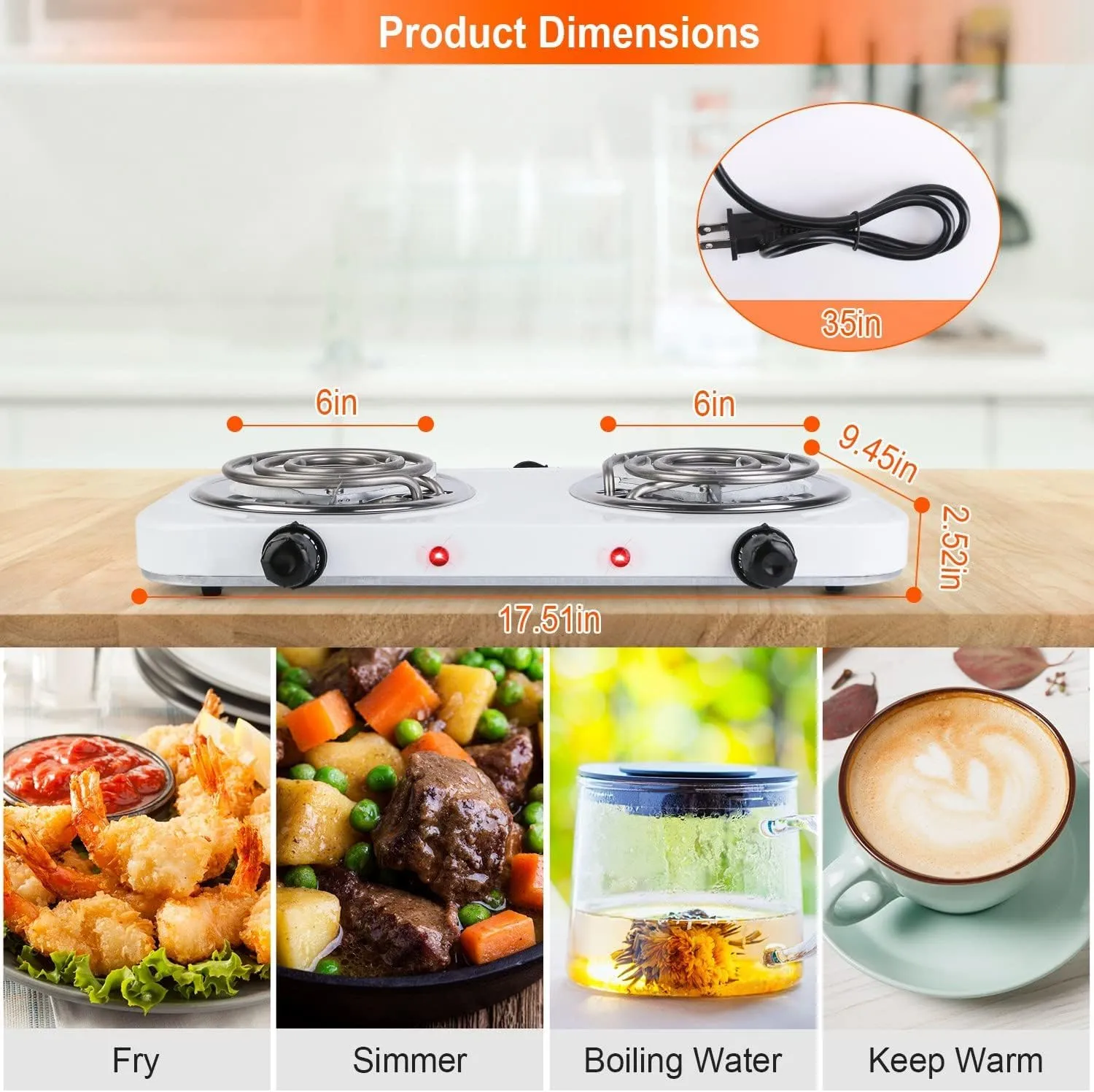 Hot Plate, 2000W Portable Electric Double Coil Burner with Dual Control & 5 Level Temperature Control, Easy to Clean, Lightweight Stainless Steel Countertop Stove for Kitchen Dorm Camping,110V