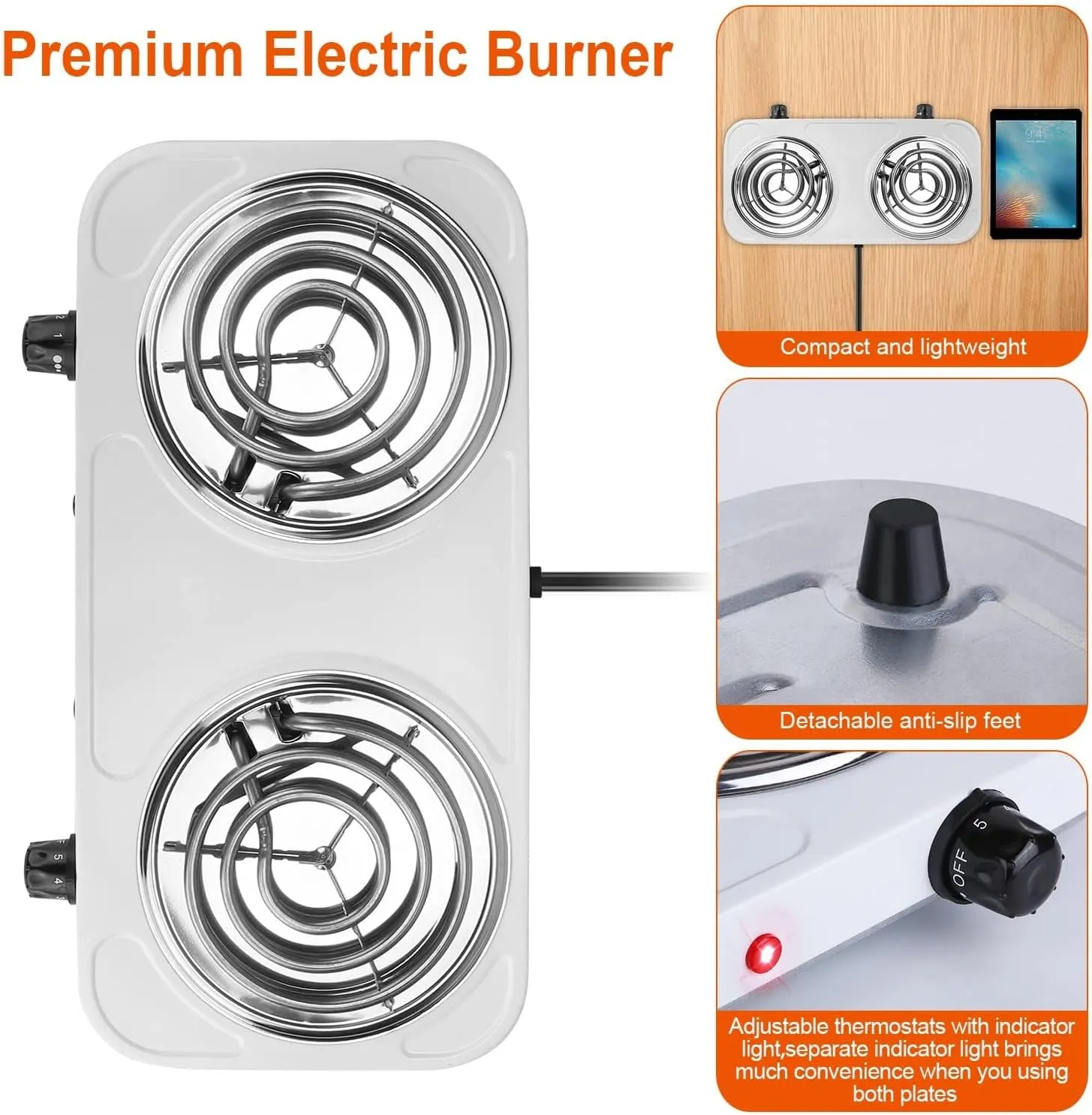 Hot Plate, 2000W Portable Electric Double Coil Burner with Dual Control & 5 Level Temperature Control, Easy to Clean, Lightweight Stainless Steel Countertop Stove for Kitchen Dorm Camping,110V