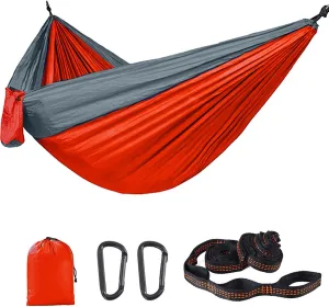 HUHJYUGE Camping Hammock, Double Hammock, Portable Hammock with Tree Straps, with Side Pocket & Carry Bag, Great for Hiking, Backpacking, Hunting, Outdoor, Beach, Camping (D)
