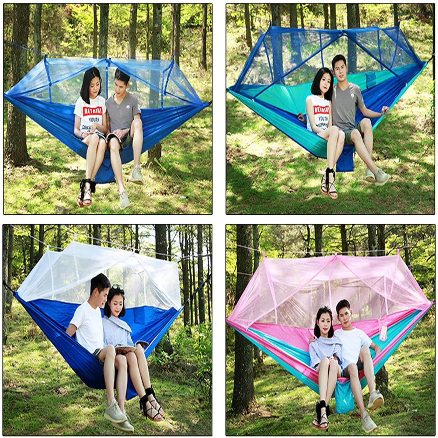 HUHJYUGE Camping Hammock, Portable Outdoor Hammock with Mosquito Net, Lightweight Double/Single Travel Hammock Parachute Fabric, for Hiking, Backpacking, Jungle, Backyard (D)