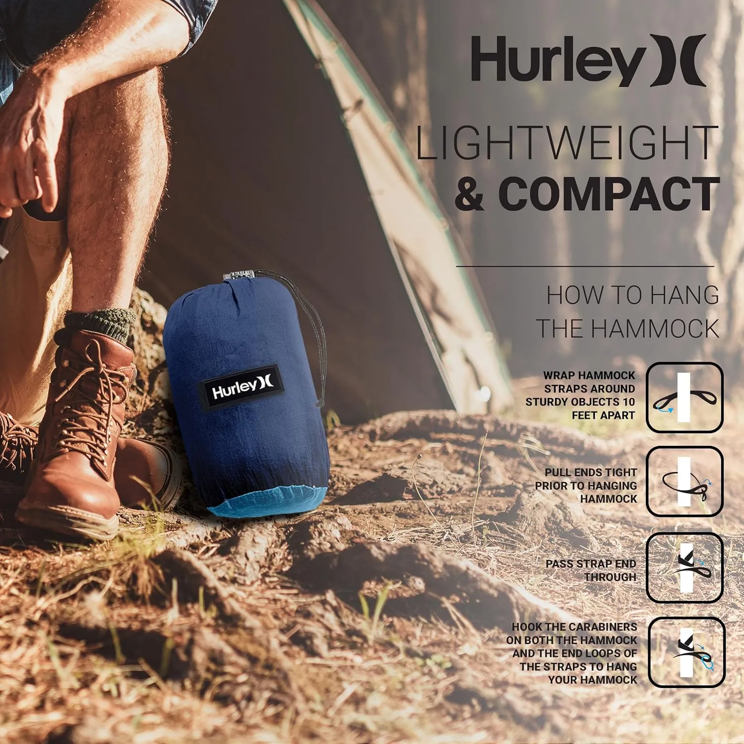 Hurley Duo Camping Hammock - 2 Person Portable Hammock for Camping, Heavy Duty Hammock, Parachute Nylon Fabric - Camping Accessories for Outdoor Activities - Holds Up to 400lbs, Cocoa/Blue, 118 x 79