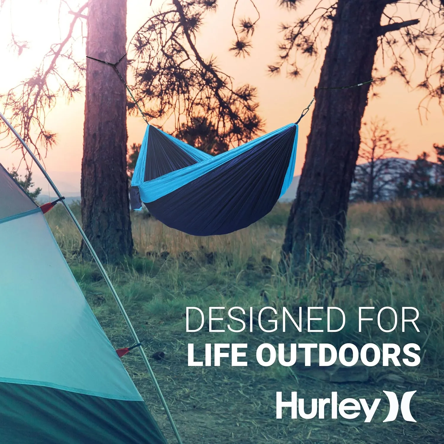 Hurley Duo Camping Hammock - 2 Person Portable Hammock for Camping, Heavy Duty Hammock, Parachute Nylon Fabric - Camping Accessories for Outdoor Activities - Holds Up to 400lbs, Cocoa/Blue, 118 x 79