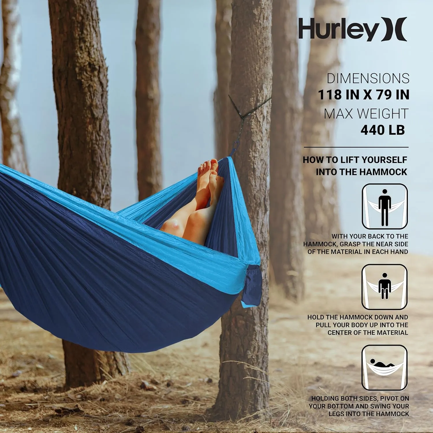 Hurley Duo Camping Hammock - 2 Person Portable Hammock for Camping, Heavy Duty Hammock, Parachute Nylon Fabric - Camping Accessories for Outdoor Activity - Holds Up to 400lbs, Monsoon Blue, 118 x 79