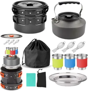 HXBER Camping Cookware Set Outdoor Cooking Equipment for Camping Hiking and Picnics for 2-3 People All in One Compact Camp Cooking Set