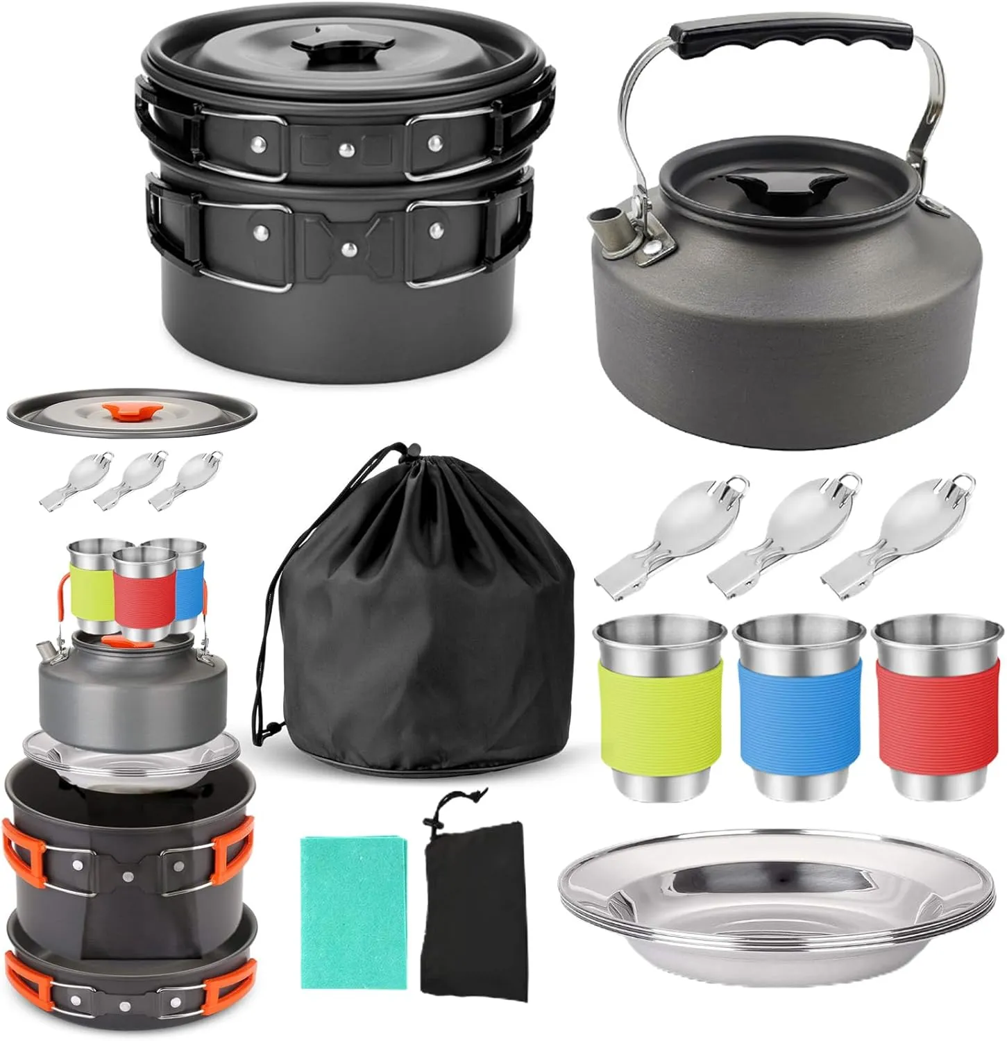 HXBER Camping Cookware Set Outdoor Cooking Equipment for Camping Hiking and Picnics for 2-3 People All in One Compact Camp Cooking Set