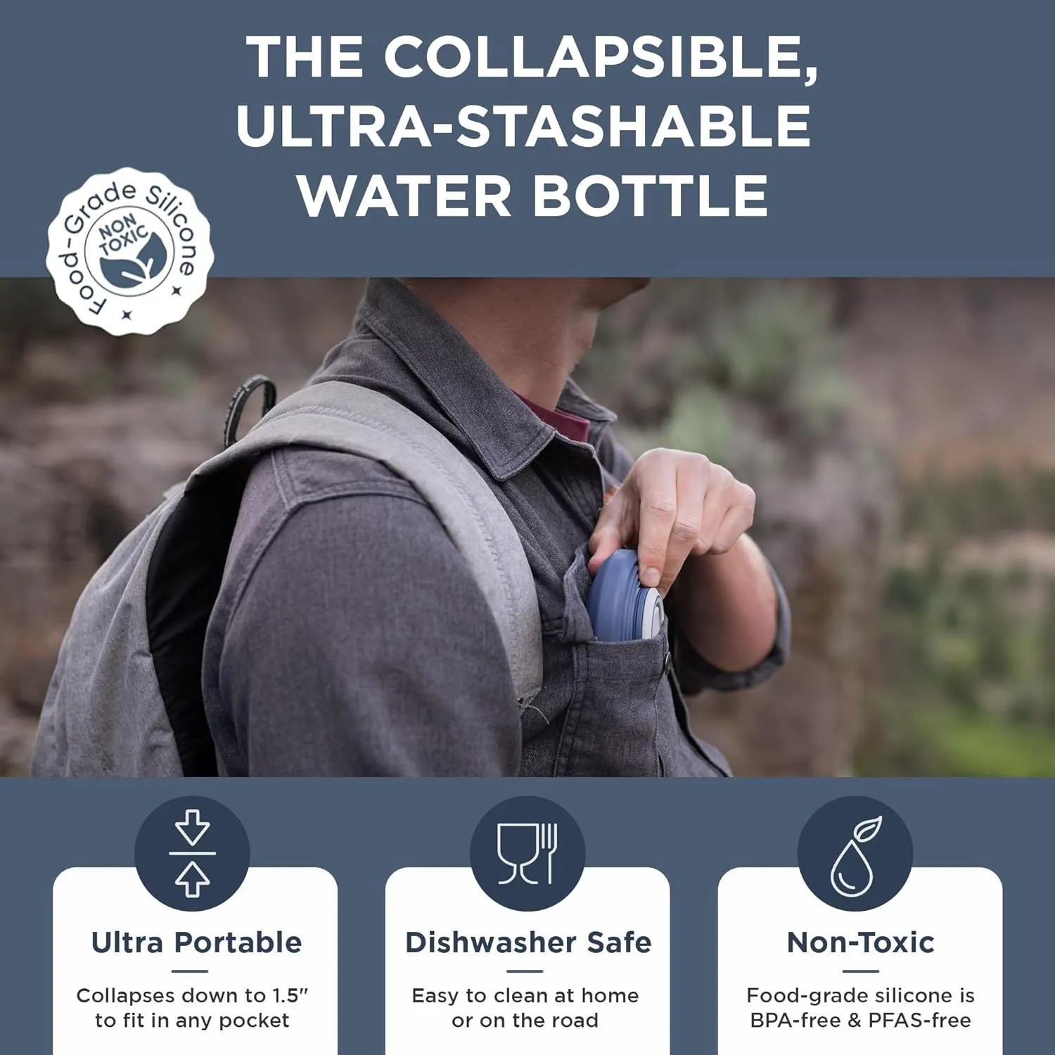 HYDAWAY Collapsible Water Bottle - 17oz I Reusable Water Bottles with Flip Top Lid for Travel, Hiking, Backpacking I Portable & Leakproof, Food-Grade Silicone, BPA Free, Collapses to 1.5”