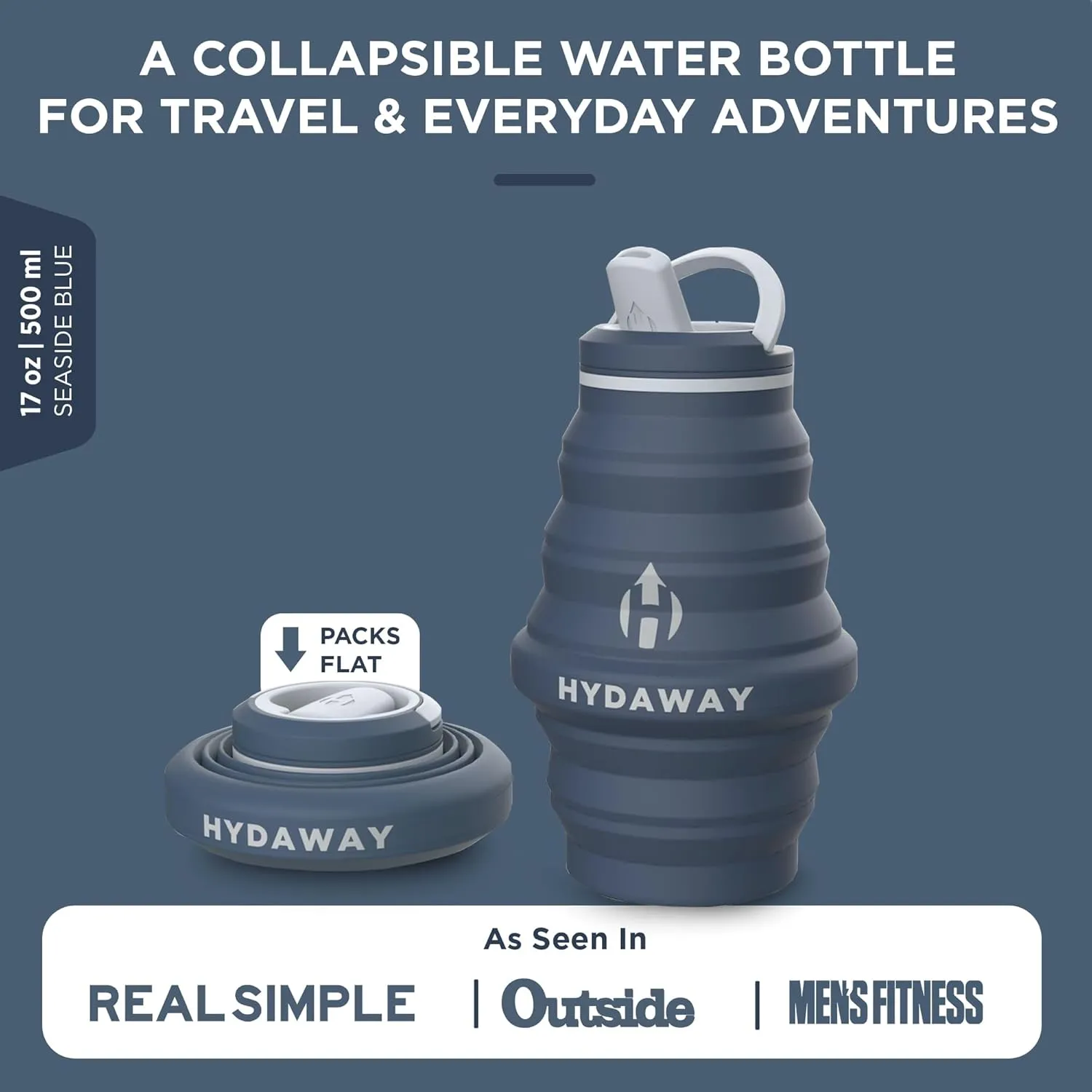 HYDAWAY Collapsible Water Bottle - 17oz I Reusable Water Bottles with Flip Top Lid for Travel, Hiking, Backpacking I Portable & Leakproof, Food-Grade Silicone, BPA Free, Collapses to 1.5”