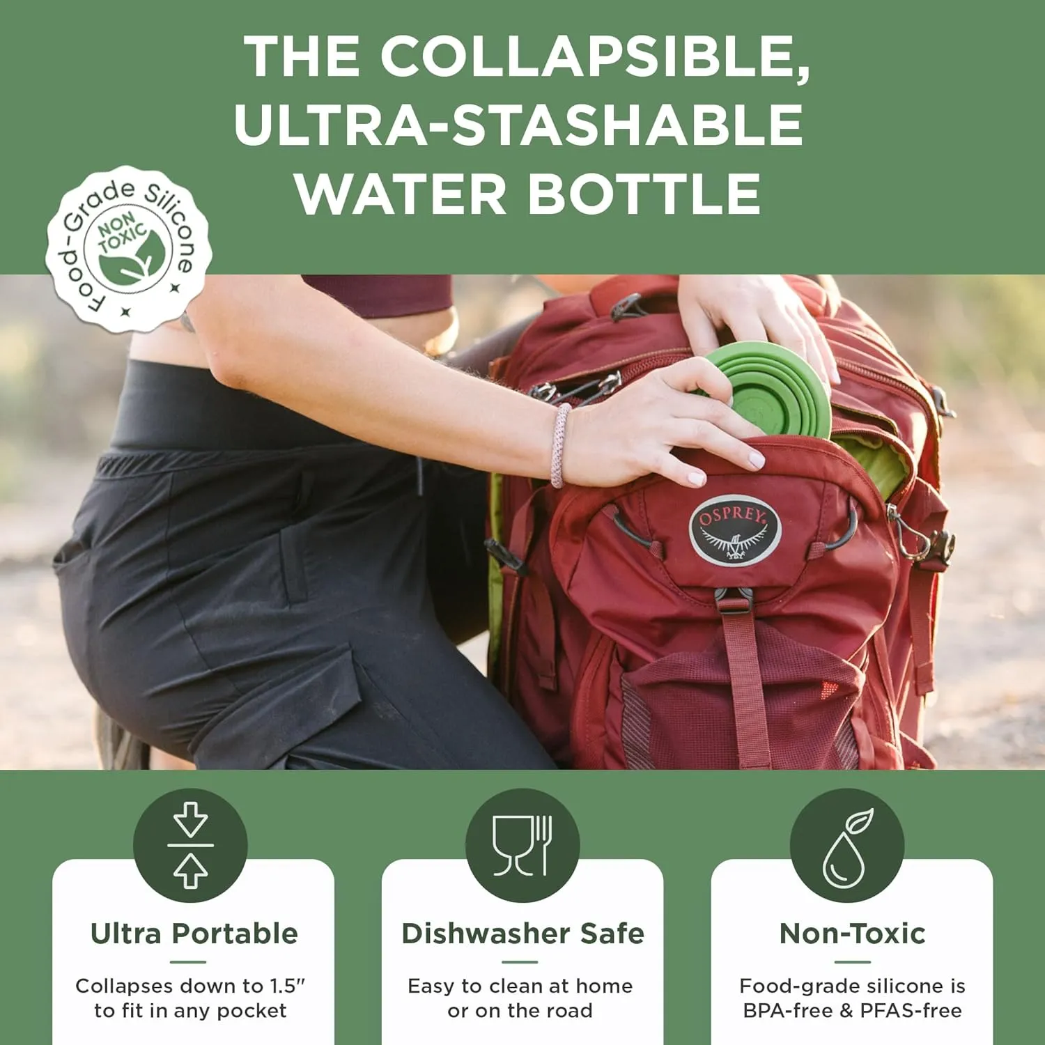 HYDAWAY Collapsible Water Bottle - 25oz I Reusable Water Bottle with Flip Top Lid for Travel, Hiking, Backpacking I Portable & Leakproof, Food-Grade Silicone, BPA Free, Collapses to 1.5”