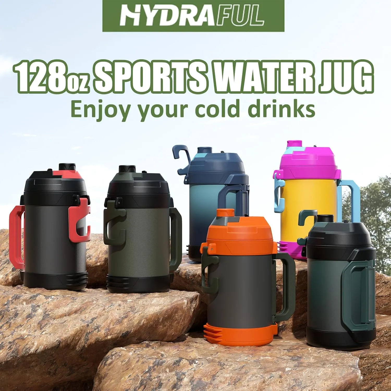 Hydraful Gallon Water Bottle, 128 oz Large Insulated Stainless Steel Sports Water Jug, Large Triple Wall Vacuum Insulation Water Bottle-Keeps Cold up to 48 Hrs-Sweat Proof, for Gym, Hiking & Camping
