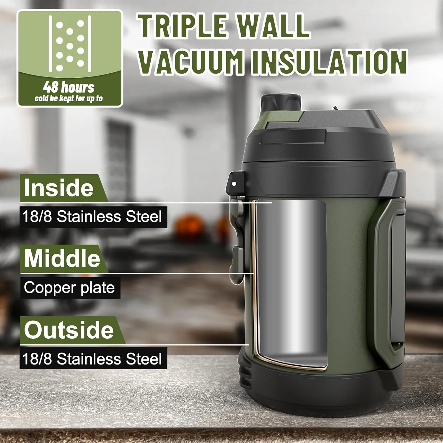 Hydraful Gallon Water Bottle, 128 oz Large Insulated Stainless Steel Sports Water Jug, Large Triple Wall Vacuum Insulation Water Bottle-Keeps Cold up to 48 Hrs-Sweat Proof, for Gym, Hiking & Camping