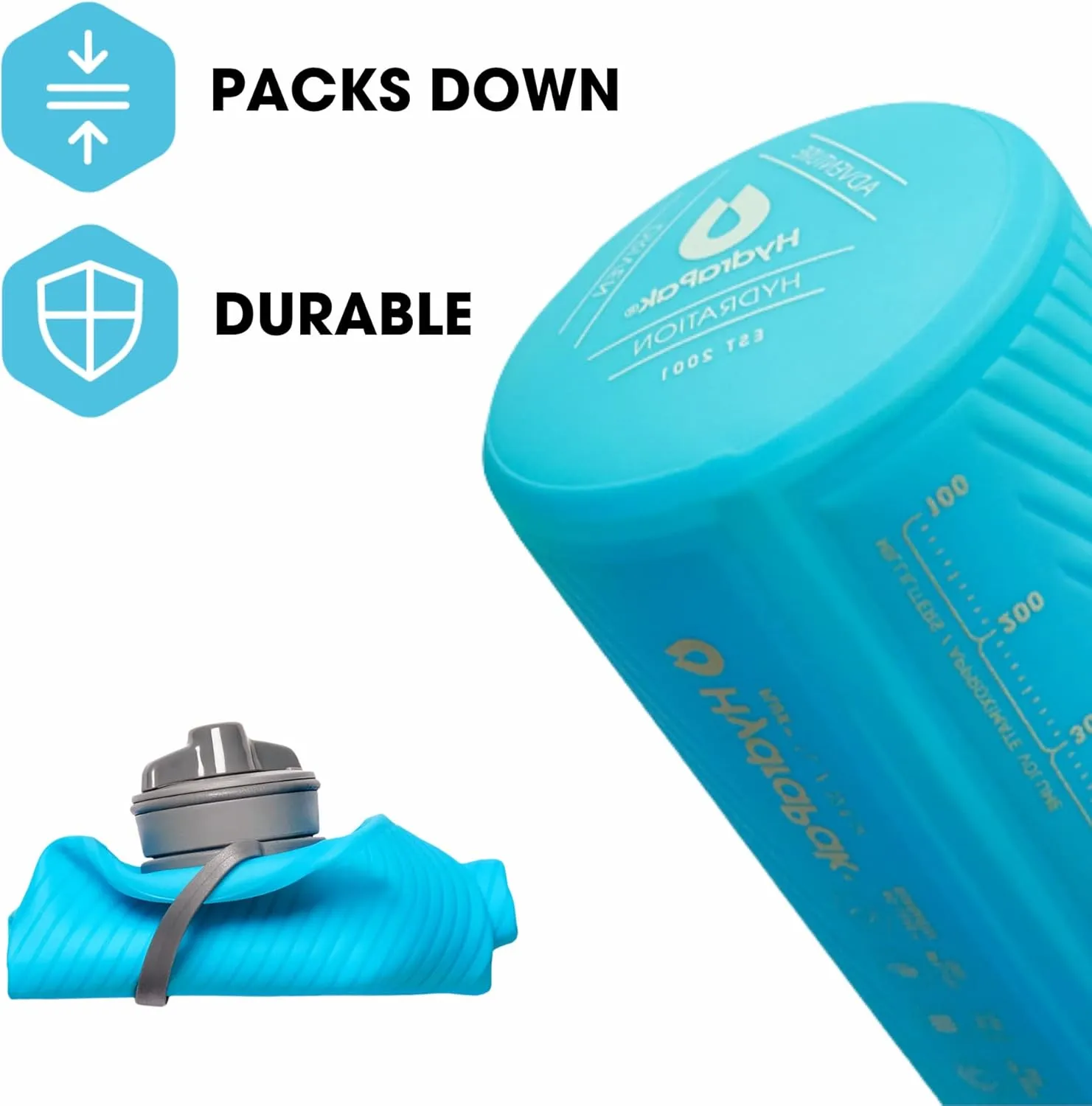 HydraPak Flux - Collapsible Backpacking Water Bottle (750ml, 1L, 1.5L) - BPA Free, Ultra Light, Spill-Proof Twist Cap
