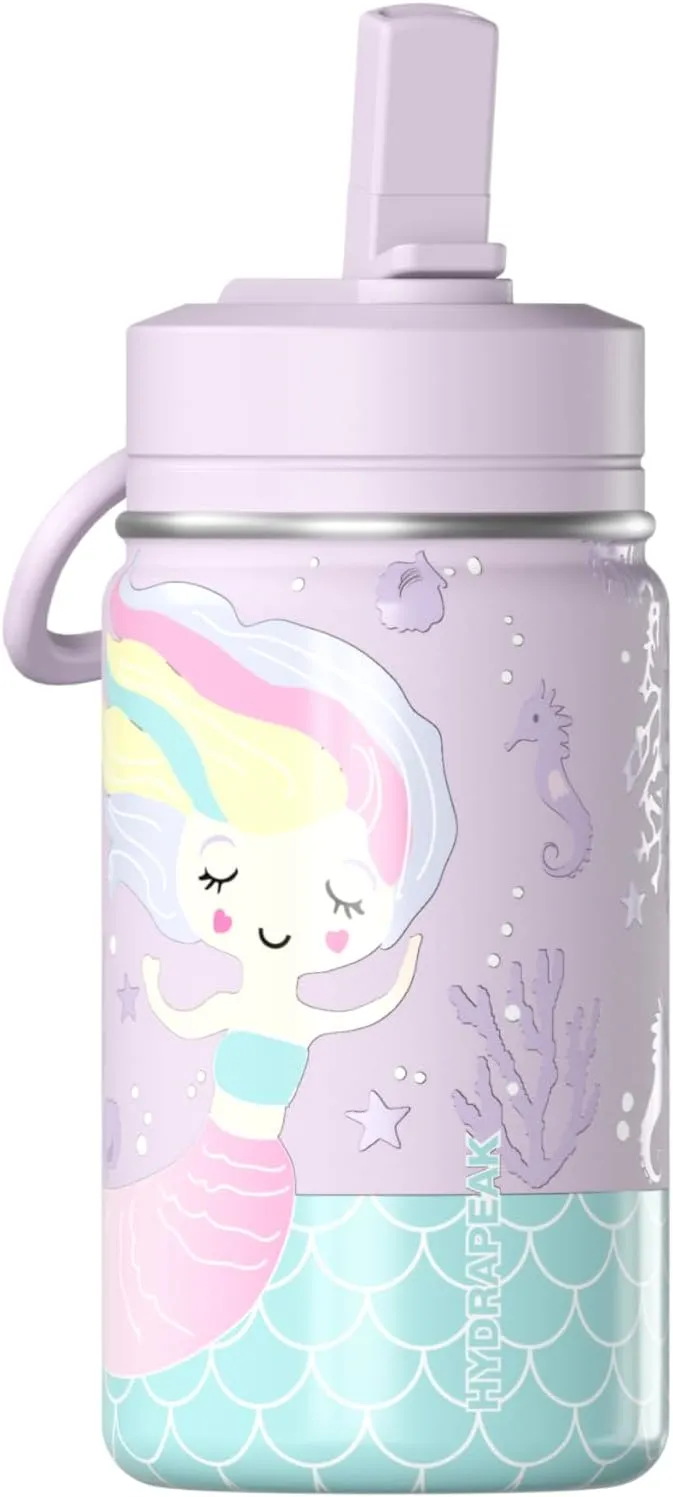 Hydrapeak 14oz Mini Fun Sticker Print Water Bottle with Straw Lid, Stainless Steel Double Wall Insulated, Leak-Proof and Spill-Proof, Blush-Scale