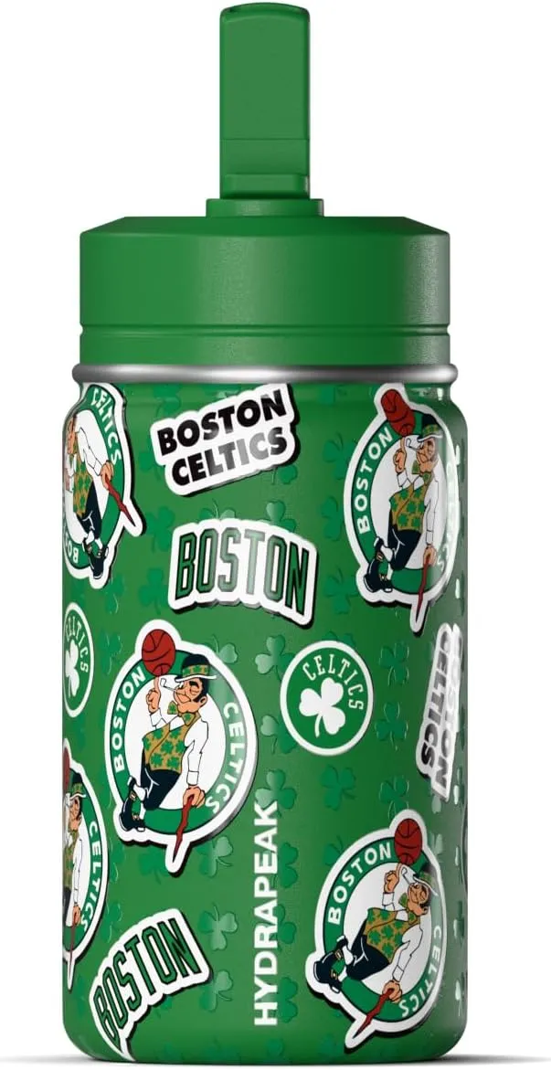 Hydrapeak x NBA Officially Licensed Boston Celtics 14oz Mini Kids Water Bottle with Straw Lid and Handle Reusable Stainless Steel Double Wall Insulated Spill Proof Sports Gift for Boys Girls