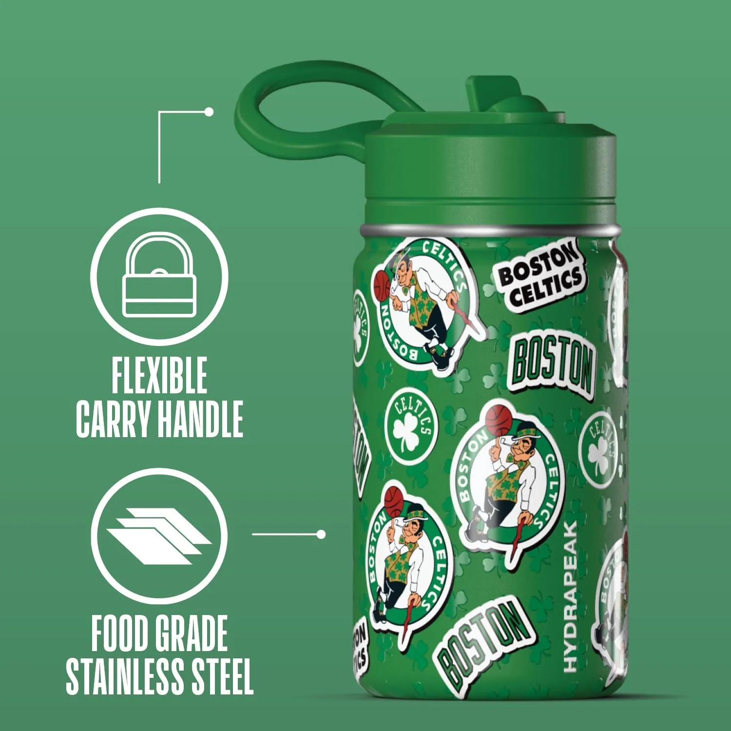 Hydrapeak x NBA Officially Licensed Boston Celtics 14oz Mini Kids Water Bottle with Straw Lid and Handle Reusable Stainless Steel Double Wall Insulated Spill Proof Sports Gift for Boys Girls